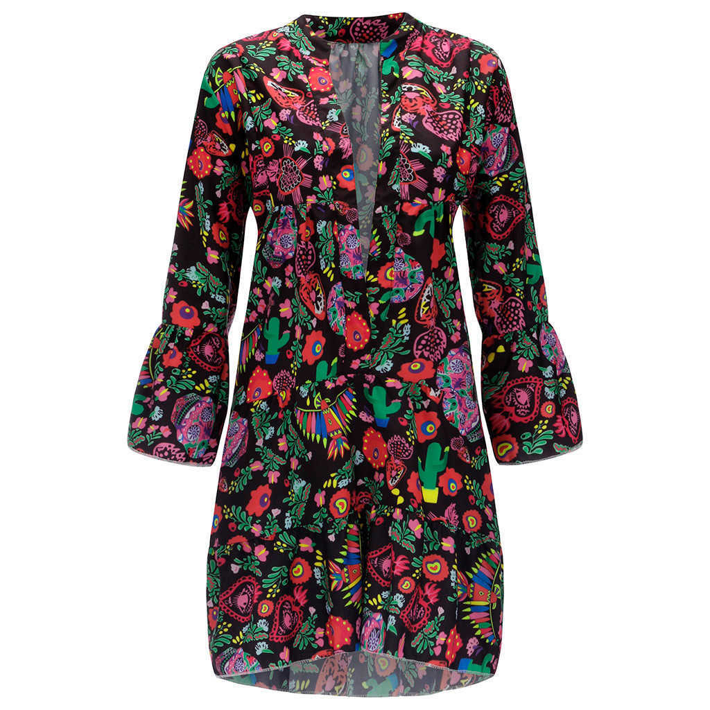 Boho Dres Loose Floral Print Long Sleeve V-collar Button Party Elegant Sexy Dresses Plus Size Vestidos De Festa 210623