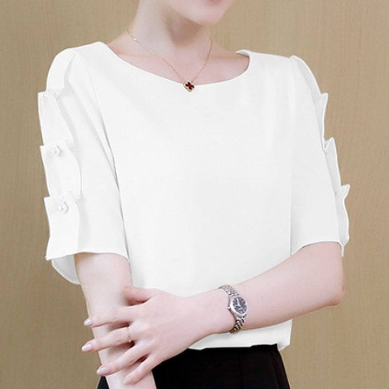 Fashion women shirt Chiffon Tops beaded Short Sleeve shirt women green and white shirt ladies tops women clothes 0744 30
