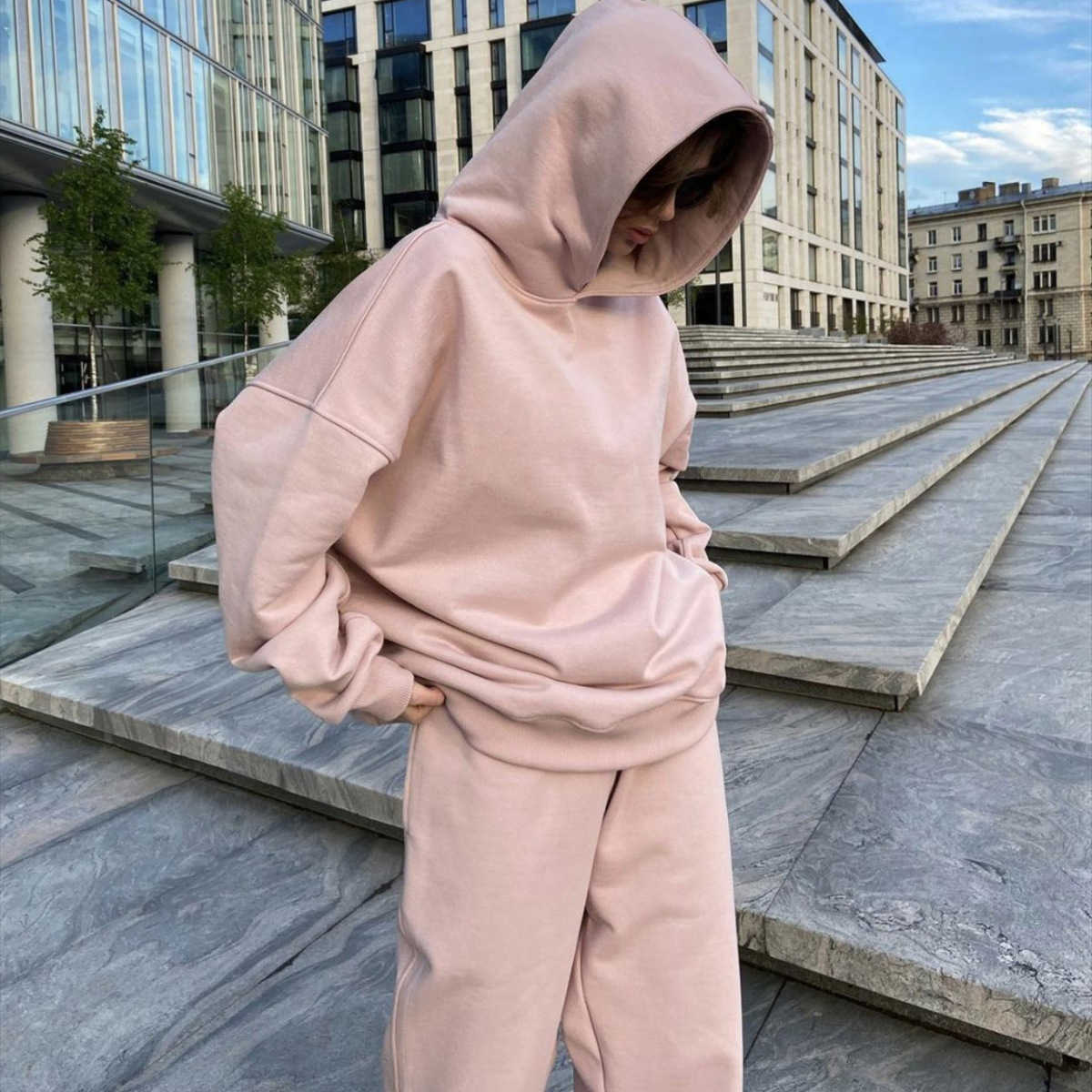SpotLtWM Casual Women Fleece Tracksuit Autumn Winter Loose Suits Hoodies Pullover Sweatshirt And High Waist Pants Two Piece Set 211007
