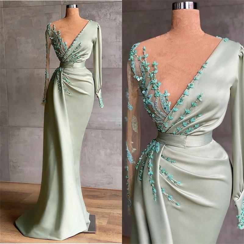 Beading Evening Modest Dresses Long Sleeves Satin Lace Applique Custom Made Ruched Or Length Jewel Illusion Prom Party Gown Vestido