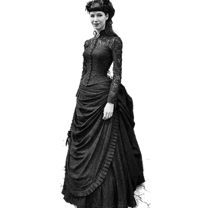 Vintage Victorian Black A Line Wedding Dress Lace Long Sleeve Jacket High Collar Retro Gothic Steampunk Wedding Gowns Cosplay Masquerade Bridal Dresse
