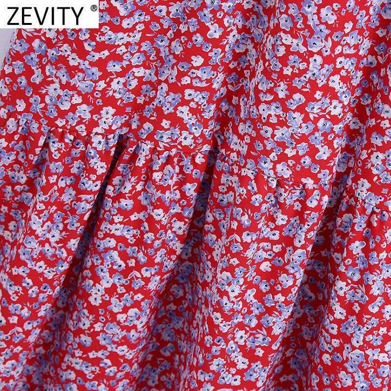 Zevity Women Sweet Red Floral Print Ruffles Sling Midi Dress Female Side Zipper Boho Vestido Chic Casual Summer Dresses DS8317 210603