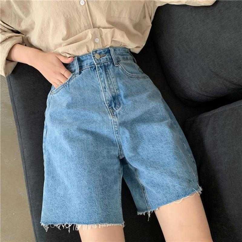 Genayooa Streetwear Blue Cotton Denim Shorts Jeans Korean Style Summer Half- Length Short Feminino High Waist Biker 210714
