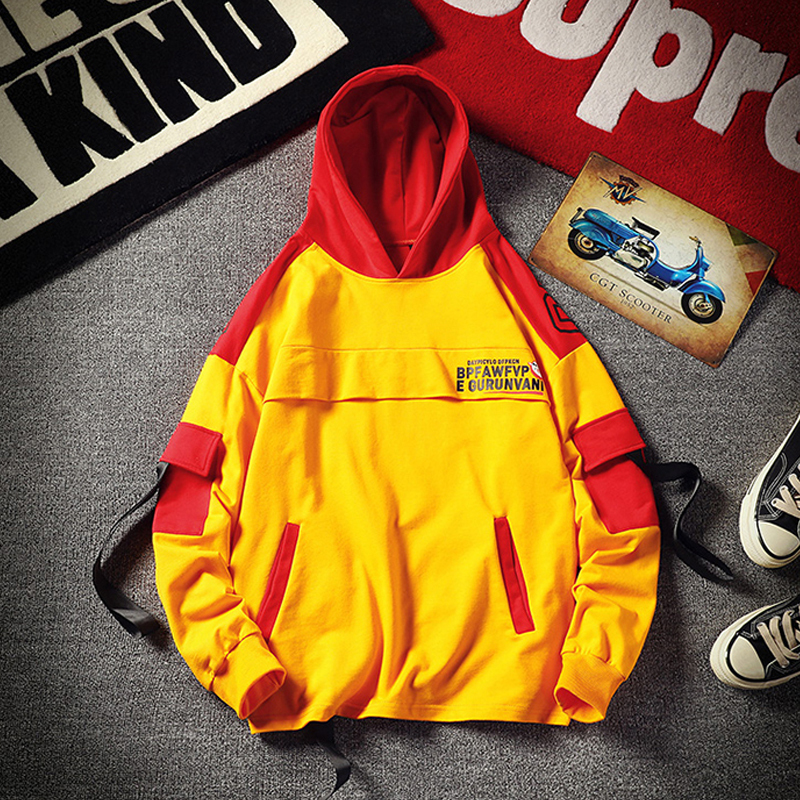 Printed Hoodie Men Streetwear High Street Hoodies with Pockets Mens Patchwork Hooded Sweatshirt Autumn Men Fashion Tops 201127