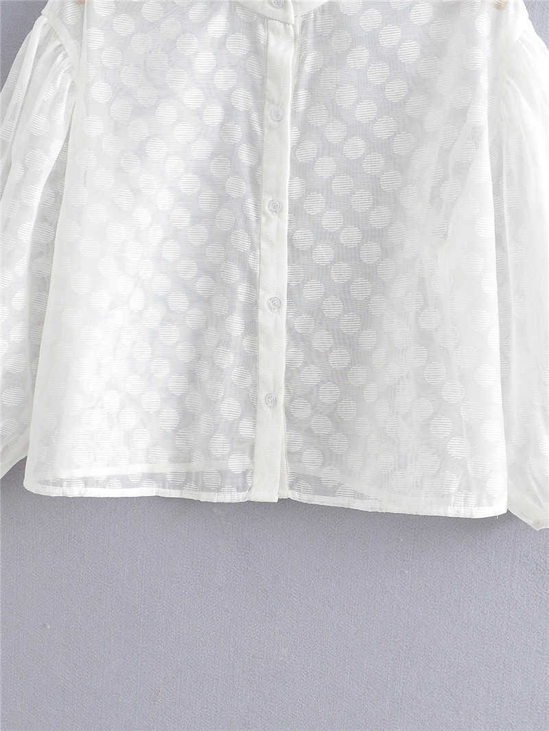 EXQJ Elegant Women Sexy Transparent Ploka Dot Shirts Fashion Ladies O-Neck Tops Sweet Female Chic Puff Sleeve Blouses 210527