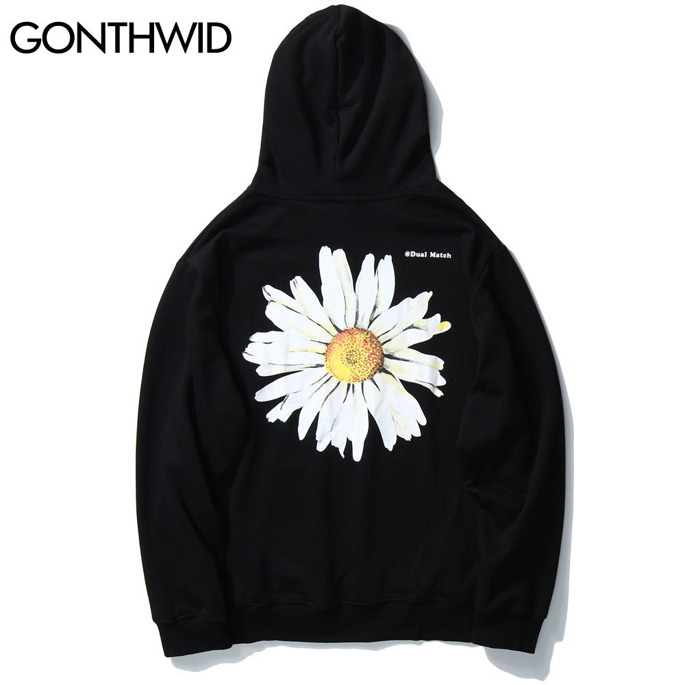 GONTHWID Harajuku Daisy Flowers Print Fleece Hoodies Sweatshirts Streetwear Men Hip Hop Casual Pullover Hooded Tops Fashion 201020
