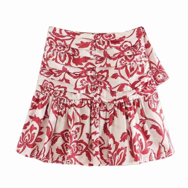 Women sweet tropical flower print pleated mini skirt faldas mujer ladies casual slim side zipper ruffles skirts QUN561 210619