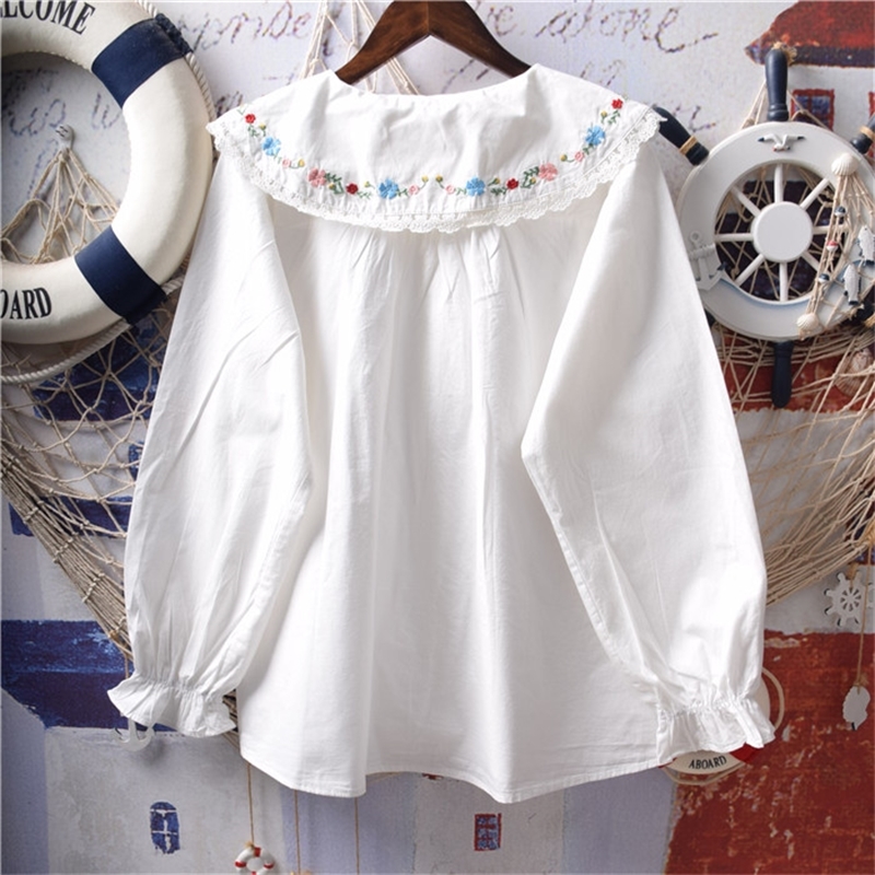 camiseta bohemia mujer white blouse women tops autumn spring Japanese style kawaii long sleeve embroidery solid shirt 210225