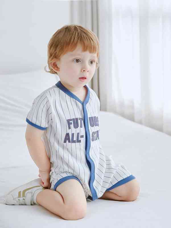 Baby Pinstriped Letter Patched Contrast Binding Romper SHE