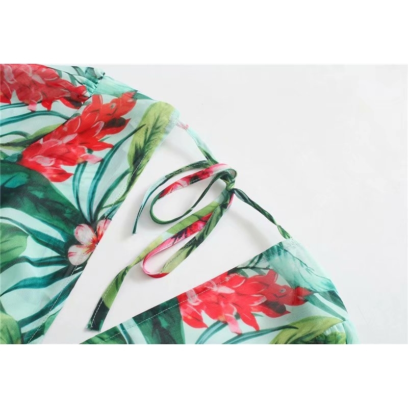 New women vintage v neck red floral green leaves print casual midi dress ladies sashes vestidos chic chiffon dresses DS3635 T200603