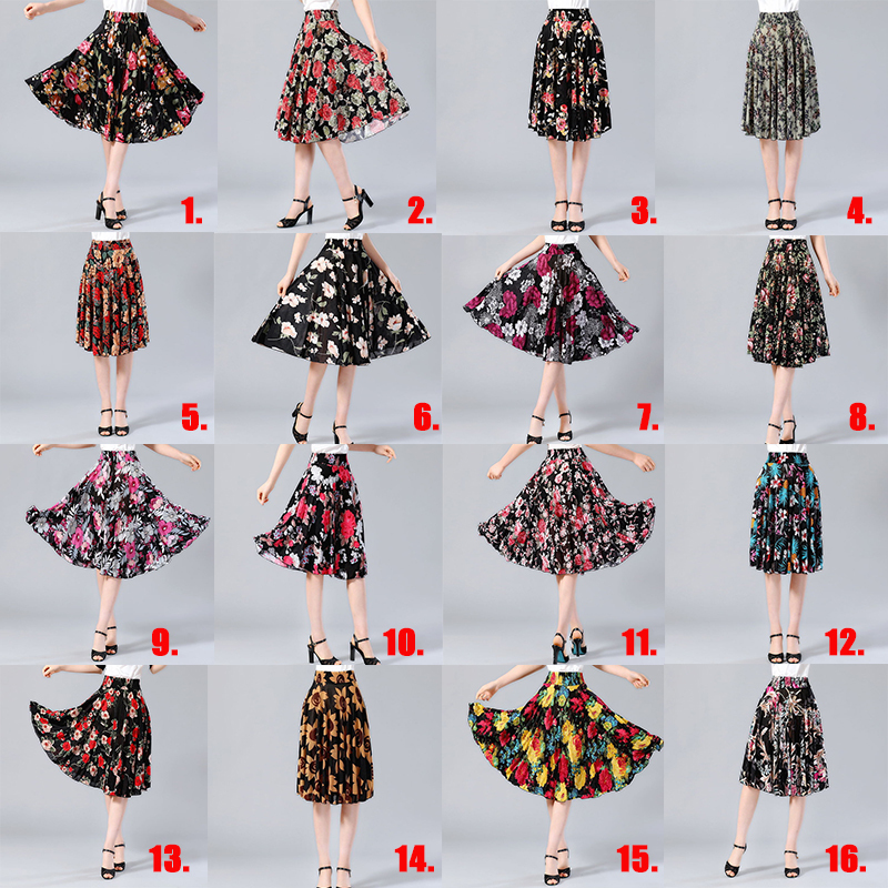 Womens Skirts Summer Autumn Skirt Aline Knee length Floral High Waist Vintage Midi Skirt Women Pleated Elastic Wais Skirt 210306
