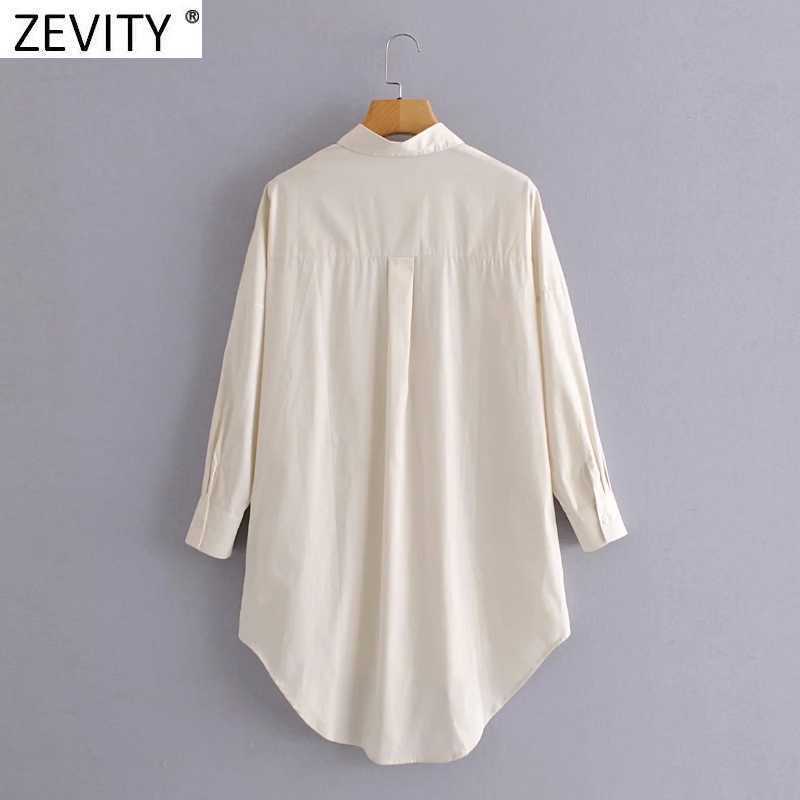 Zevity Women Simply Pocket Patch Casual Long Blouse Ladies Long Sleeve Business Shirt Chic Femme Breasted Blusas Tops LS7346 210603