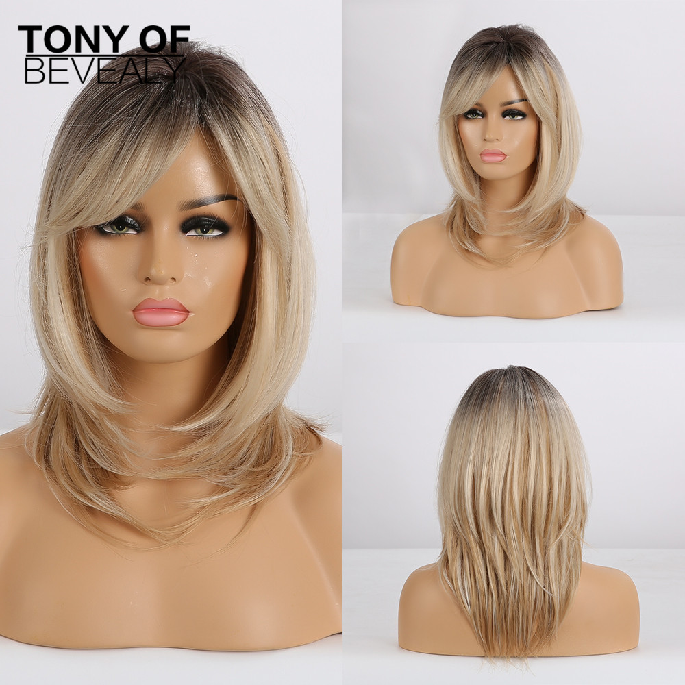 Synthetic Length Ombre Brown to Blonde Straight Hair Wigs with Bangs Synthetic Wigs for Women Cosplay Heat Resistant Natural Wigs