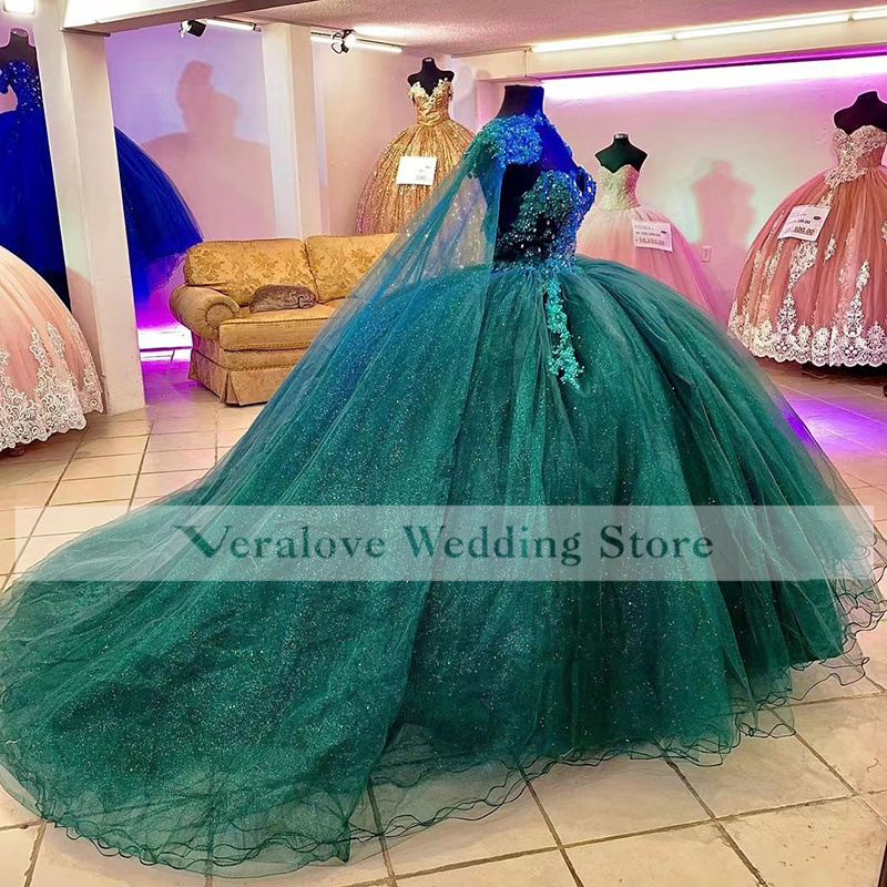 Green Princess Quinceanera Dress Ball Gown Sequins Applique Vestido Mexicano Style Sweet 15 Prom Gown with Warp