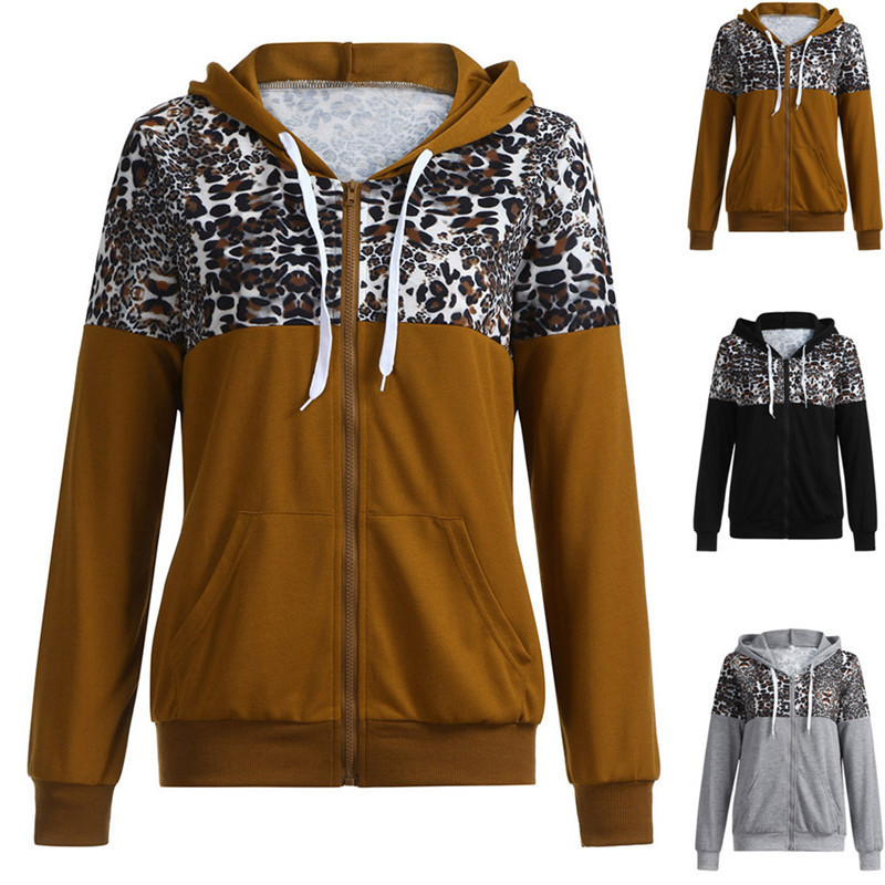 Harajuku Women Leopard Hoodies Sweatshirt Fashion Zipper Pocket Hooded Jacket Outwear Ladies Solid Slim Pullover Clothes Moletom 201102