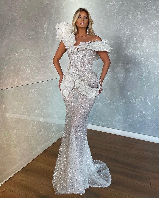 2022 Plus Size Arabic Aso Ebi Sparkly Mermaid Sexy Wedding Dress Sheer Neck Beaded Bridal Gowns Dresses ZJ440