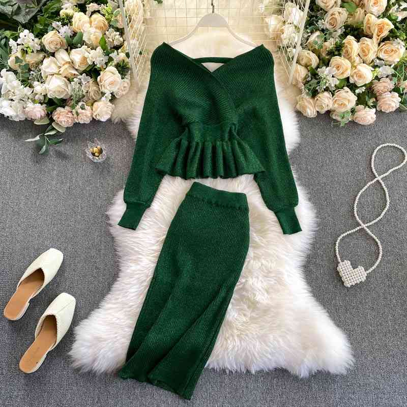 SINGRAIN Autumn Women Shiny Knitting Skirts Sets Lurex Ruffles Long Sleeves Wool Warm Sweater knitted Two Pieces Set Women 210708