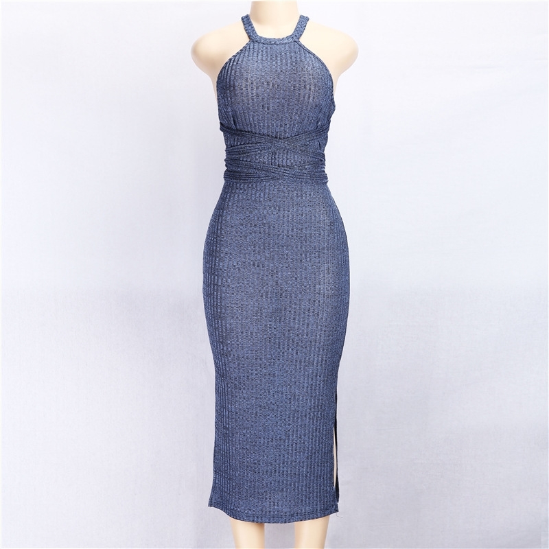 Summer Sheath Dress Women Clothes Sexy Party Halter Neck Sleeveless Slit Mid-calf Dresses Slim Backless Bandage Grey Vestidos T200320