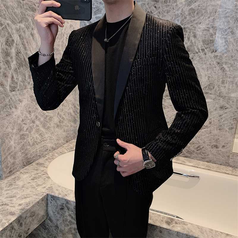 Blazer Men Sequins Male Striped Suit Jacket Korean Style Slim Fit Casual Men Fashion Black Stage Club Party Blazers 211120