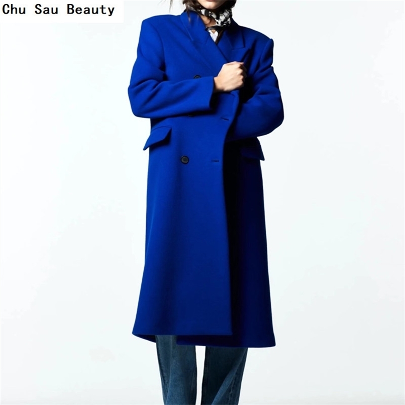 ZA Women's Blue Trend Woolen Coat Autumn/Winter Fashion High Street Double-Breasted Lapel Mid-Length Loose Jacket 211130