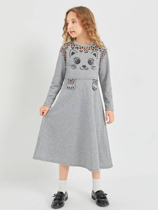 Girls Cartoon Graphic 3D Patched Dress SHE