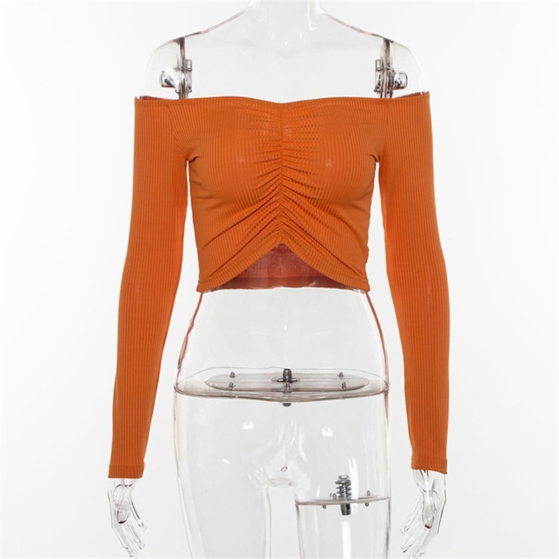 Europe station spring and Autumn Women's long sleeve one shoulder slim open navel short T-shirt 210602