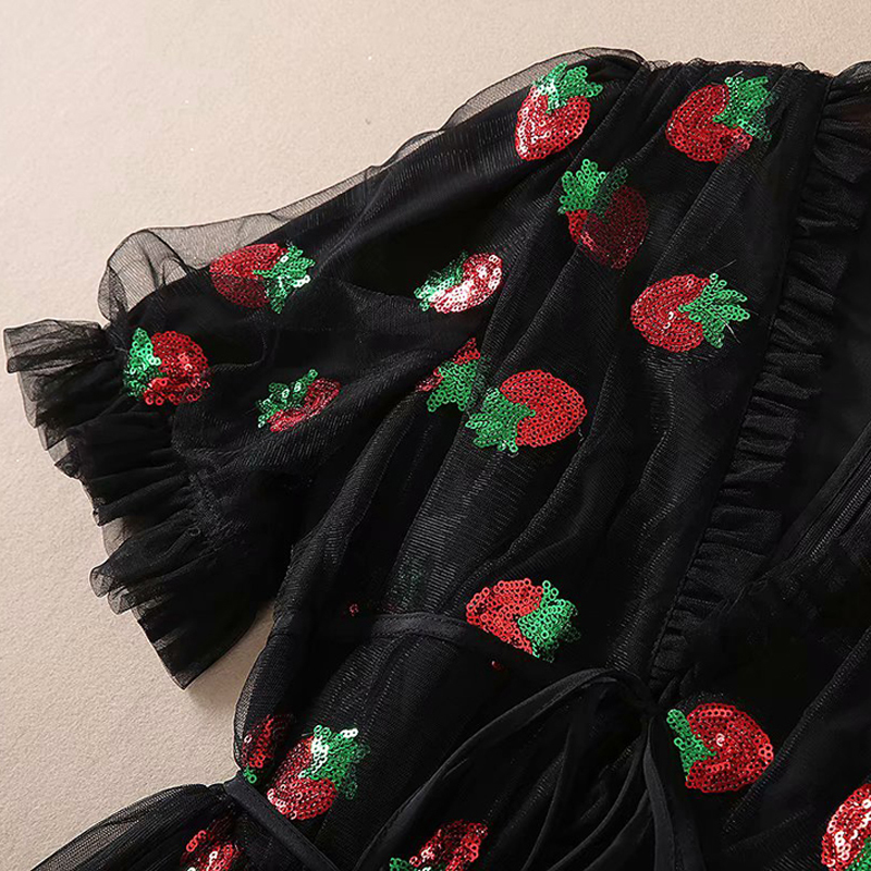 LA.TENDRE Black Strawberry Dress Woman Puff Sleeve Mesh Long Dress Lace Up Strawberries Plus Size Black Dresses Women Party 210303