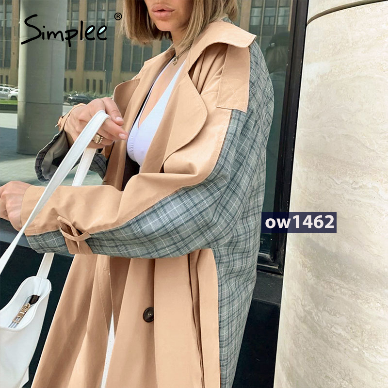 Simplee Causal light tan autumn women trench coat Split joint elegant long sleeve coat Plaid long coat with belt windbreaker 210218