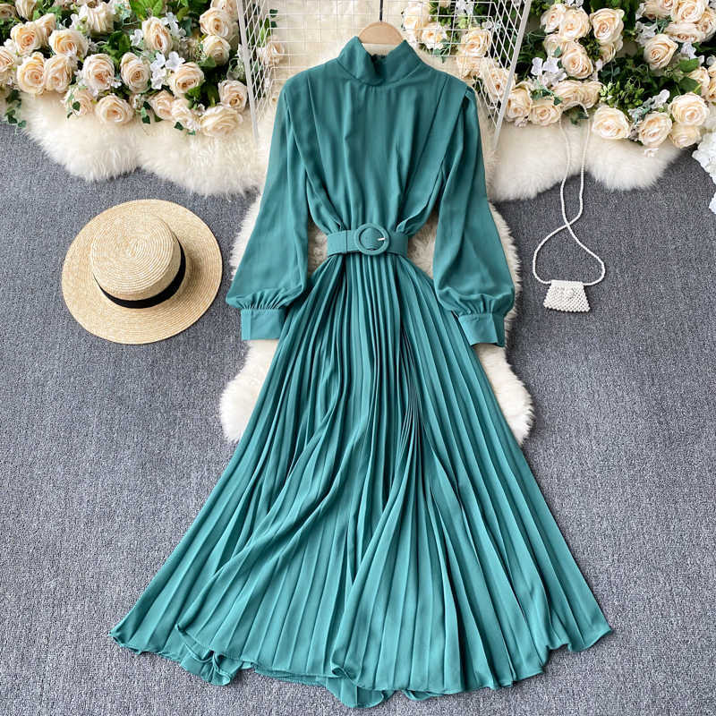Spring And Summer Solid Color Sundresses Women's Dress Light Elegant Holiday Orange Pleated Chiffon Maxi Dress Femme Robe 210630