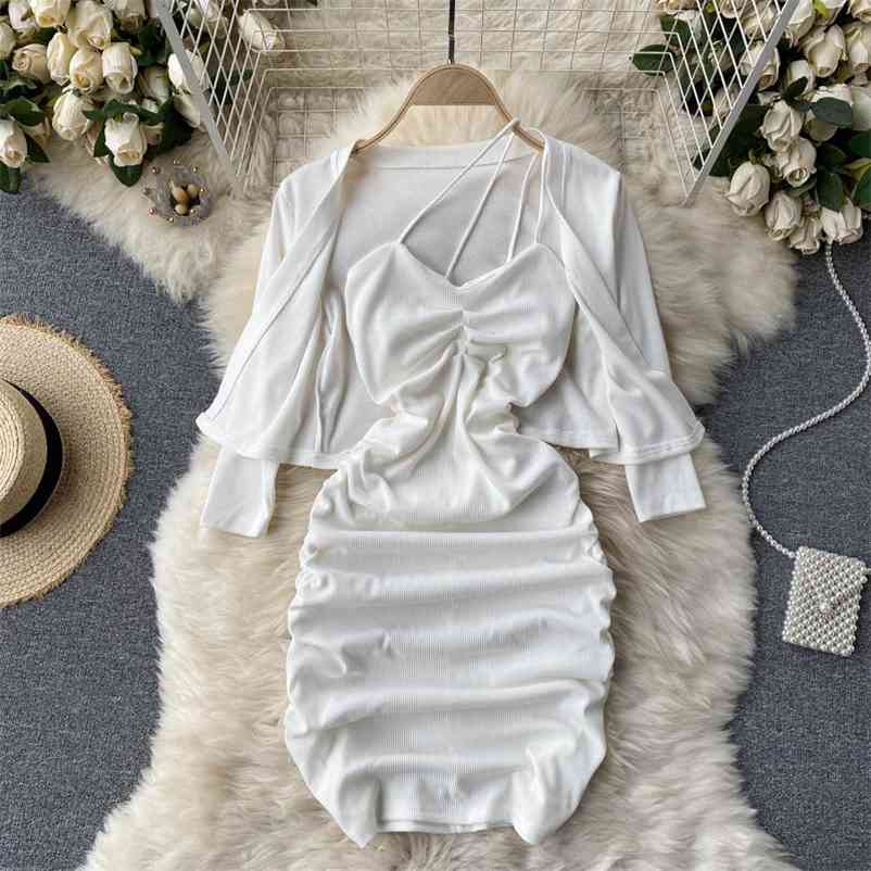 Women Two Piece Set Elastic Cardigan Top Pleated Suspender Buttocks Dress Slim Fashion Spring Summer 11B528 210525, White
Women Two Piece Set Elastic Cardigan Top Pleated Suspender Buttocks Dress Slim Fashion Spring Summer 11B528 210525, White