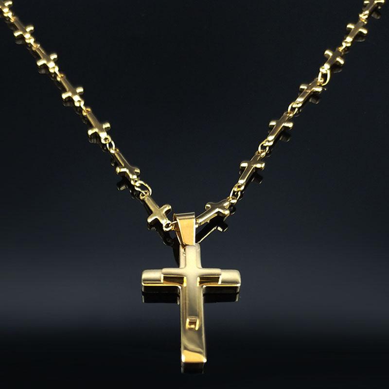 Pendant Necklaces 2021 Fashion Cross Stainless Steel Necklace Women Double Layer Gold Color Neckless Jewerly Acero Inoxidable Joyeria Mujer