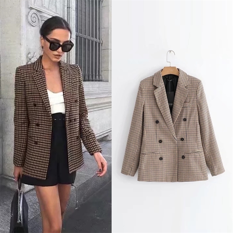 Long Sleeve Turn-down Collar Coat Women Clothing Plaid blazers Female Lady Business Jacket Suit Coat Slim Top Outerwear T200817