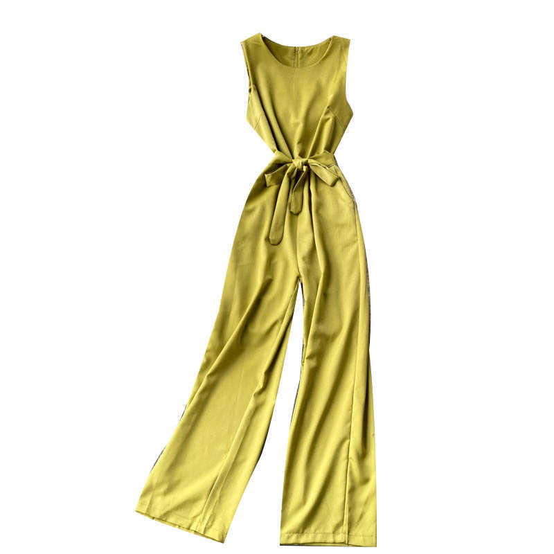Korean Overalls Women's Fashion Round Neck Bandage Long Sleeve OL High Waist Casual Wide Leg Jumpsuits P745 210527
