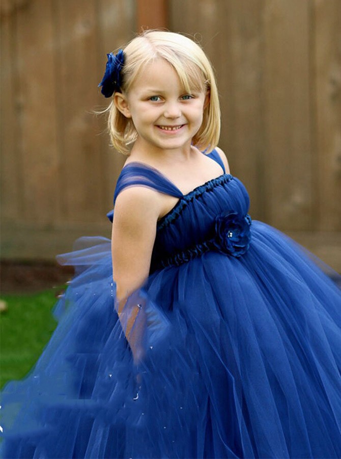2021 Blue Beautiful Lace Flower Girls Dresses For Wedding Tulle Spaghetti Ankle Length A Line Communion Dress