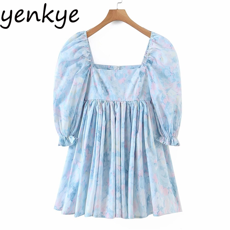 Elegant Women Floral Print Party Dress Sexy Puff Sleeve A-line Mini Square Neck Dress Spring Autumn Short Vestido 210309