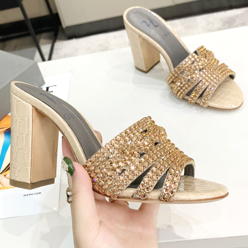 Brand new women's slipper sandal shoes gina ladies chunky high heels 9.5 cm sandal shoes with diamond high quality !
