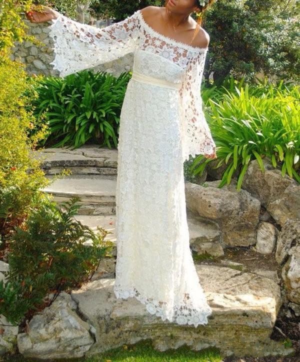 Beach New Designer Cheap Full Lace Dresses Bohemian Off Shoulder Long Sleeves Sweep Train Wedding Dress Bridal Gowns Boho