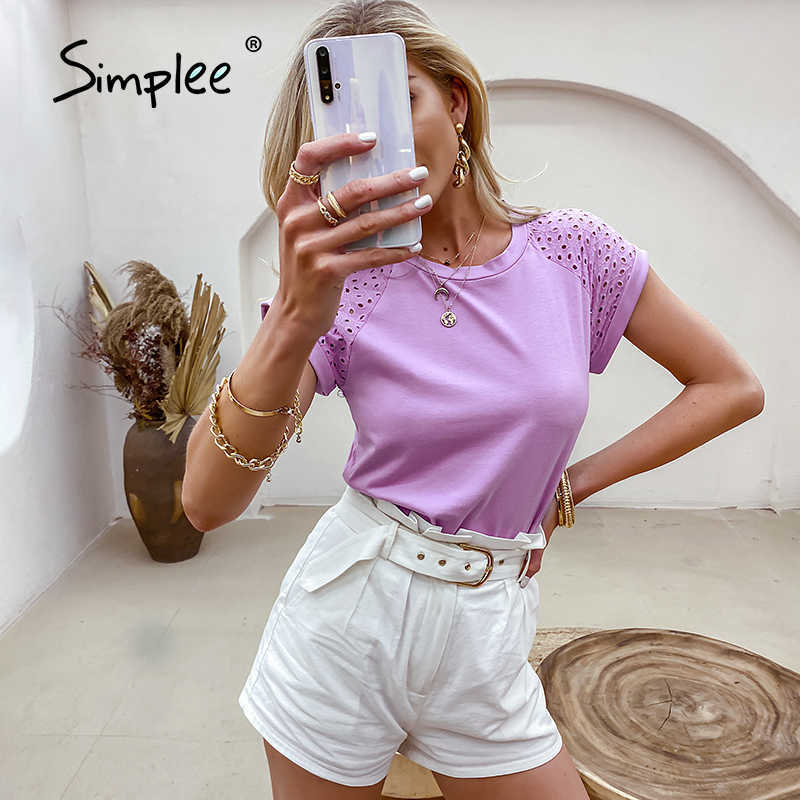 Casual solid Lace stitching cotton women T-shirt summer Hollow out sleeves o-neck female tops leisure Basic T-shirt 210622