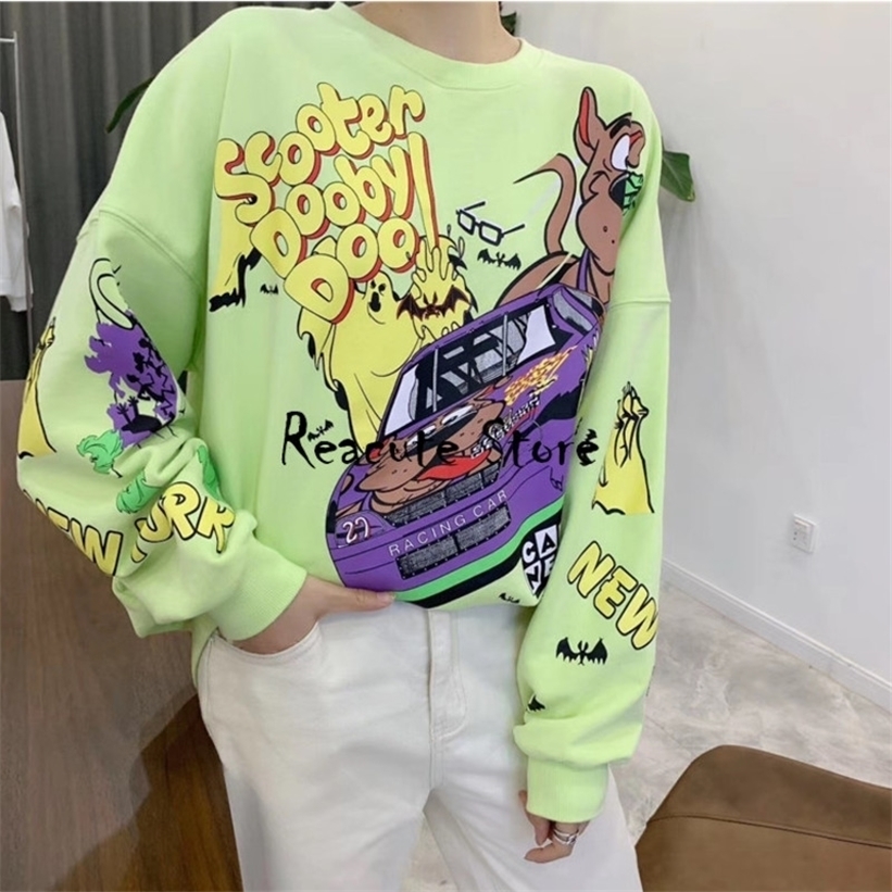Women Hoodies Autumn Funny Cartoon Car & Dog Print Sweatshirt Oversized Streetwear Sweatshirts Hip Hop Cool Pullover Tops 201212