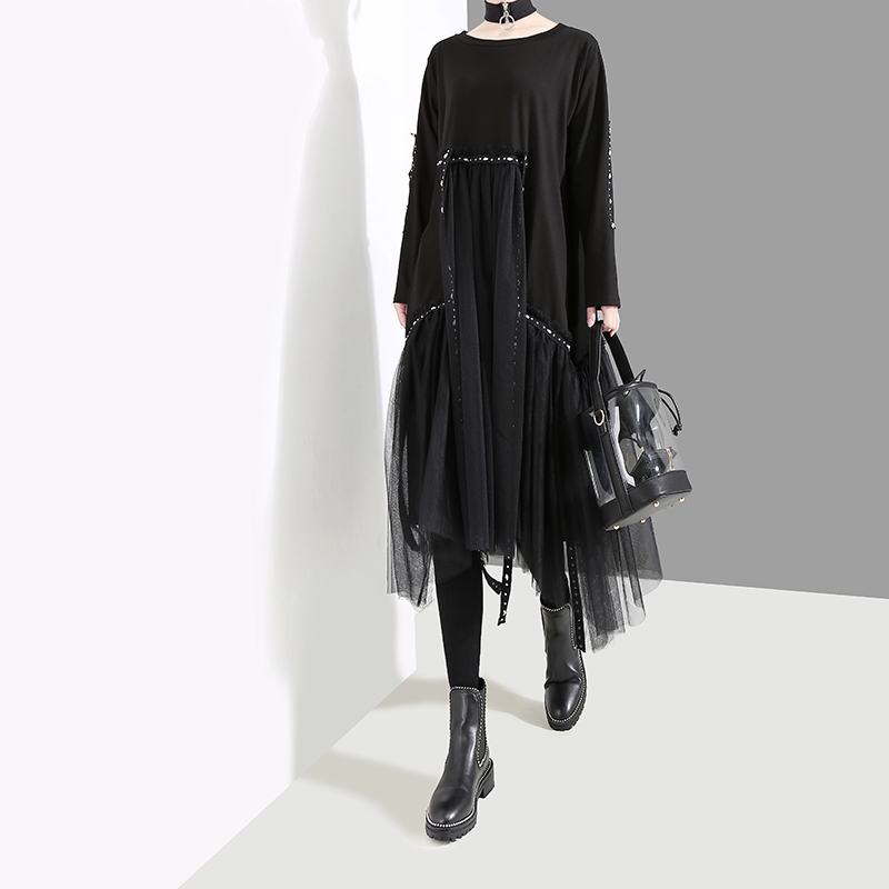 New Plus Size Woman Winter Solid Black Loose Dress Long Sleeve Mesh Overlay Tapes Ladies Casual Style Midi Dress Robe Femme 4564 210309