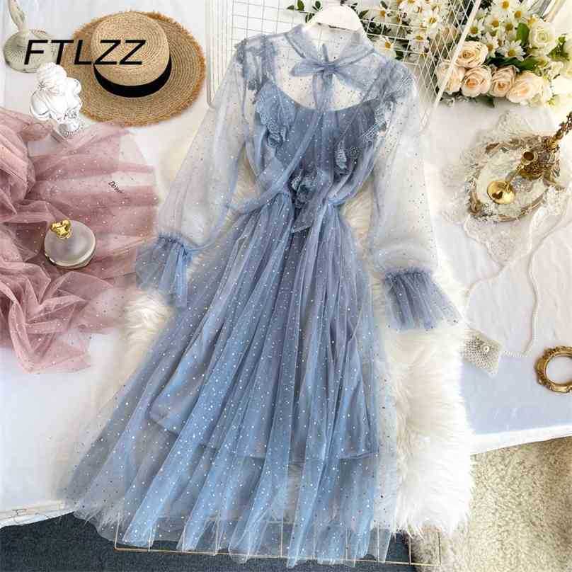 Women Sweet Mesh Dress Spring Summer Long Sleeve Bow Collar Bandage Lace Dresses Ladies Ruffles Sequins Robe Vestidos 210525, Blue
Women Sweet Mesh Dress Spring Summer Long Sleeve Bow Collar Bandage Lace Dresses Ladies Ruffles Sequins Robe Vestidos 210525, Blue
