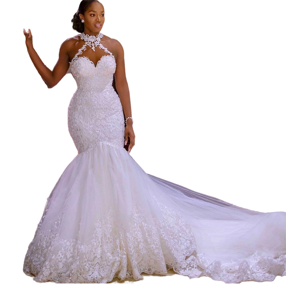Arabic Aso Ebi White Lace Mermaid Wedding Dresses Halter Illusion Nude Tulle Neck Appliques Bridal Gowns Custom Luxury Vintage African Plus Size Bride