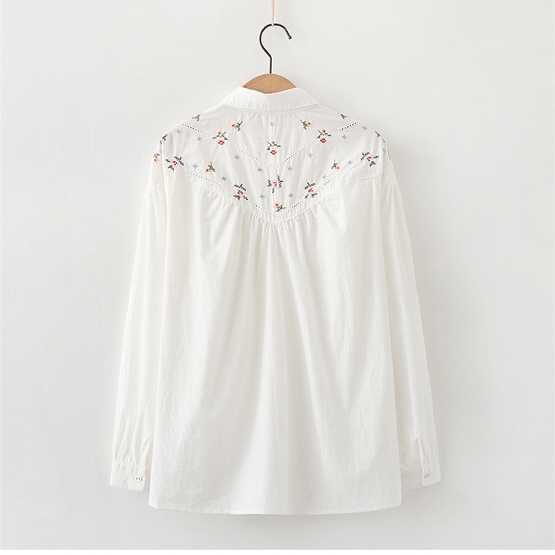 Lamtrip Flowers Embroidery Plaid White Cotton Long Sleeve Shirt Blouse Mori Girl 210225