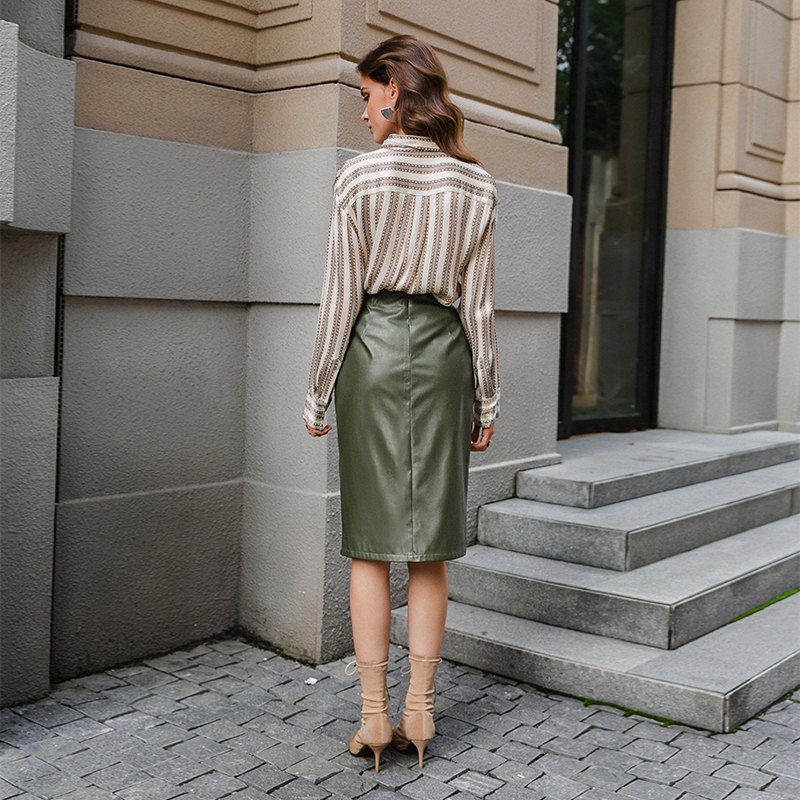 Simplee Sexy blackish green autumn winter women skirt Elegant office pu leather skirt High street fashion female pencil skirts 210309