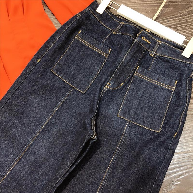 Women's Two Piece Pants Elegant Spring Runway Designers Women Outfits 2021 Fashion Long Sleeve Blouse And Wide Leg Jeans Suits Sets