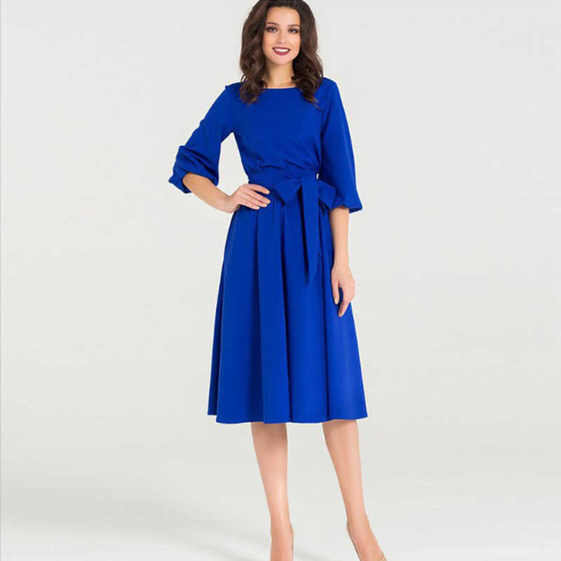QRWR Summer Autumn Women Dress Solid Color High Waist A Line Ladies Midi Dresses Casual Puff Sleeve Vintage Dress Women 210630