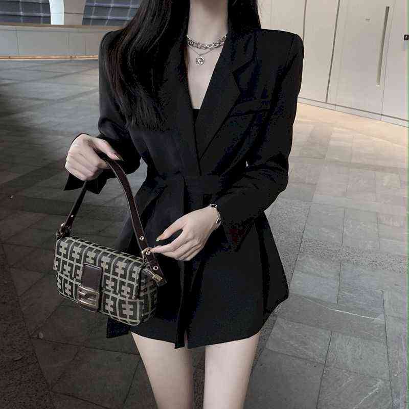 Women's Spring Jackets Elegant White Black Office Wear with Belt Suit Blazer Coat Long Sleeve Ladies Dress for Women 211122