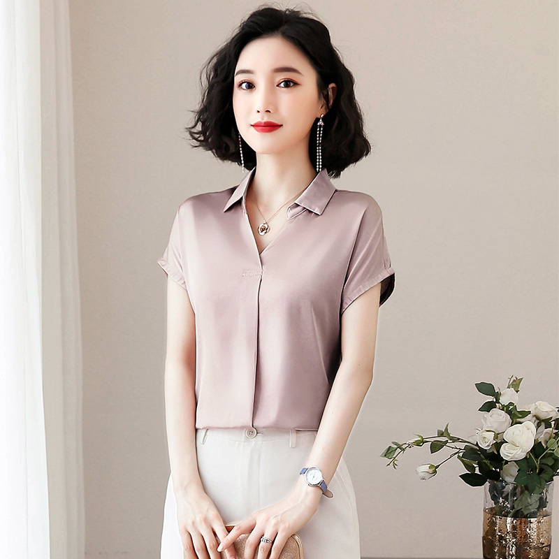 Korean Fashion Silk Women Blouses Satin Solid Short Sleeve Pink Women Shirts Plus Size XXXL Womens Tops and Blouses 210225