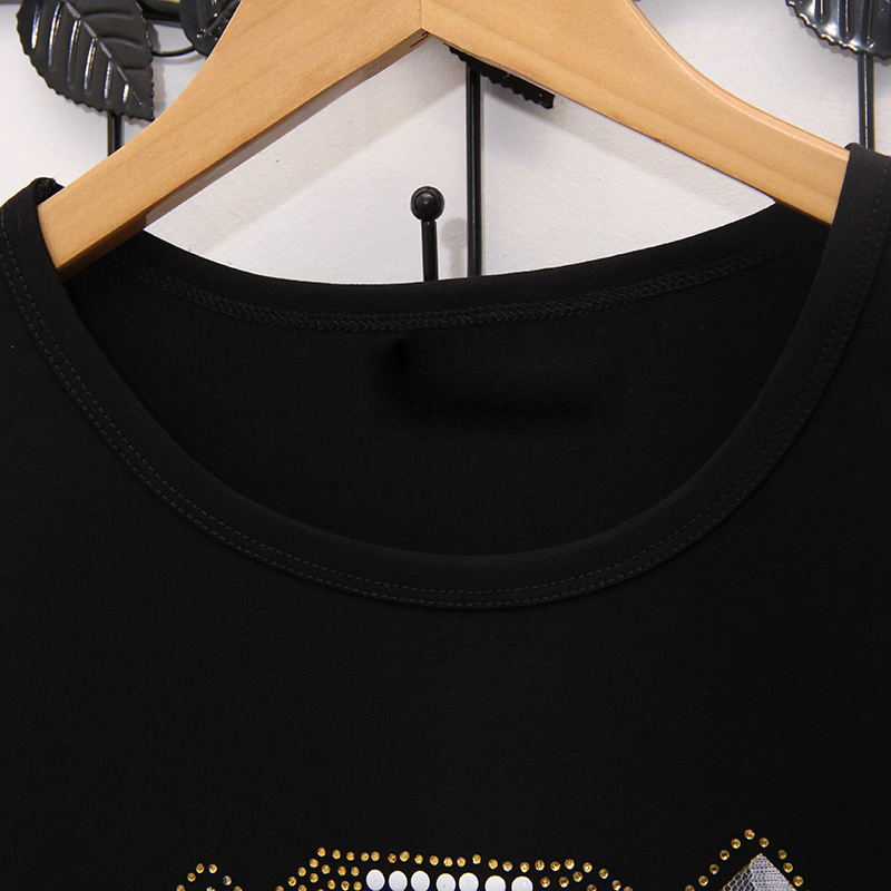 Summer new fashion loose Plus Size black with rhinestones short-sleeved T-shirt female street casual hot drilling Tee tops 210306