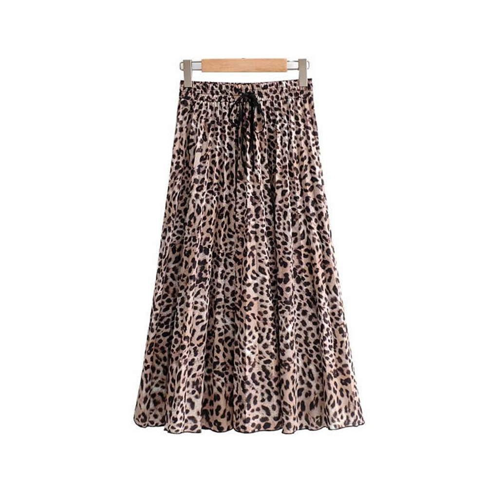 Jocoo Jolee Skirt Women Leopard Print Pleated Skirts Vintage Drawstring Elastic Waist Midi Skirts Casual Korean A Line Skirt 210309